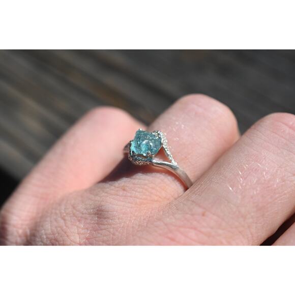 Raw Aquamarine Engagement Ring Sterling Silver - Picture 4 of 5